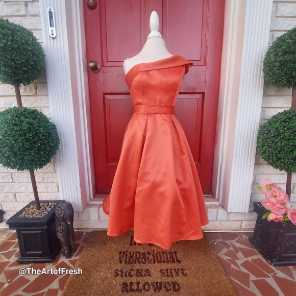NWT Morilee Off the Shoulder Formal Orange Flounce Midi Formal Prom Dress - Picture 14 of 14